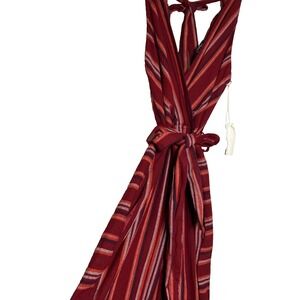 Indigo Rein Red Jumpsuit M Linen Tie Open Back Striped Boho Cottage Festival NWT